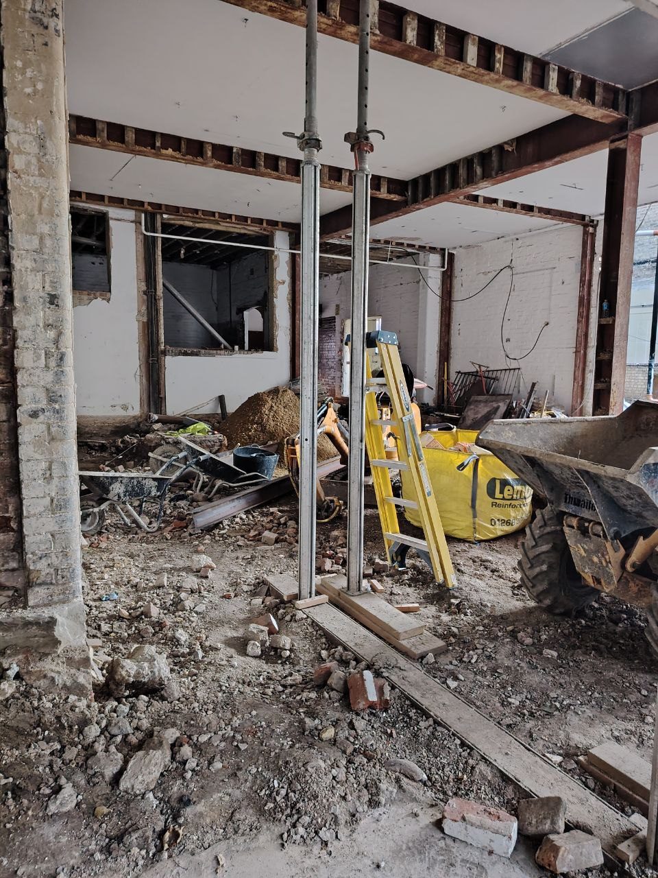 Propped corridor with scaffolding in place